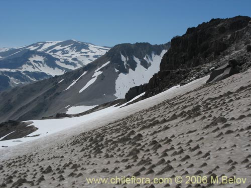A view of snow-covered slopes near the Las Animas Pass, Mondaca Trail, Radal Siete Tasas, Chile.