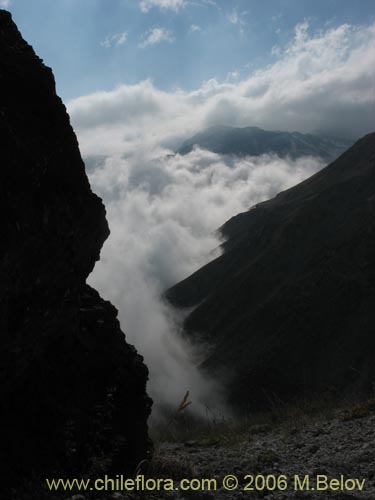 Image of clouds pouring into the valley, Mondaca Trail, Chile.
