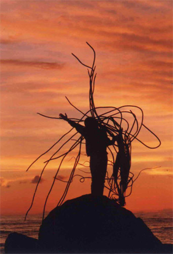 An image of a woman who is standing on a stone, waving, and holding a big dried peace of cochayuyo, local seaweed, at sunset, near Navidad, Chile.