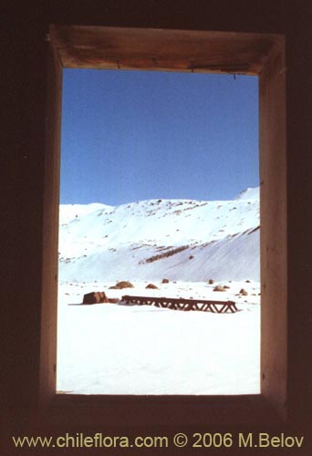 An image of a wooden window frame through which an iron bridge and snow-covered mountains can be seen, in the vicinity of Ba�os Morales and Ba�os de la Colina.