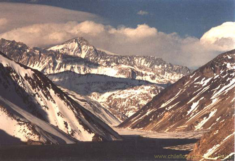 An image of winter scenery at the Yeso dam lake with 6000 m high mountains in the rear.