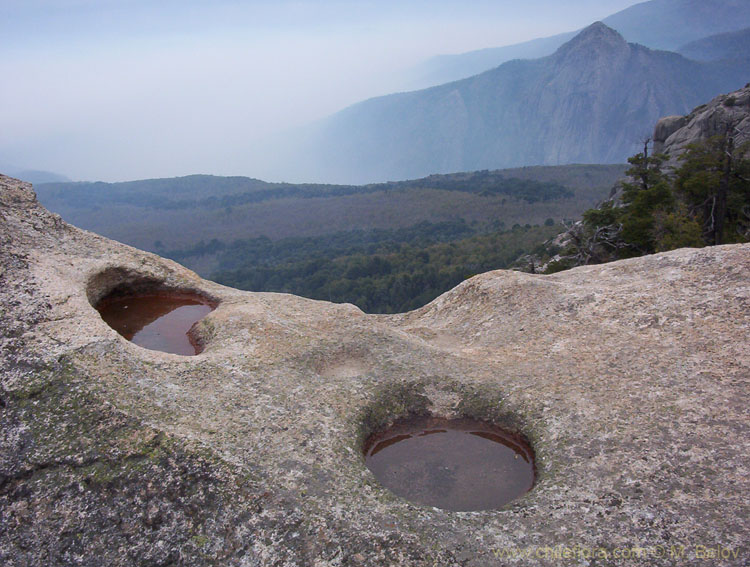 Image of a large stone with man-made holes with El Morillo in the background, Vilches, Chile.