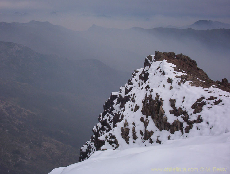 View of a steep peak covered with snow (near Peine), Lircay, Vilches, Chile.