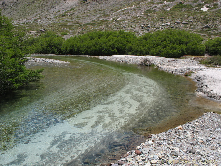 A view of a calm flowing river with clean water, Radal Siete Tasas National Park.