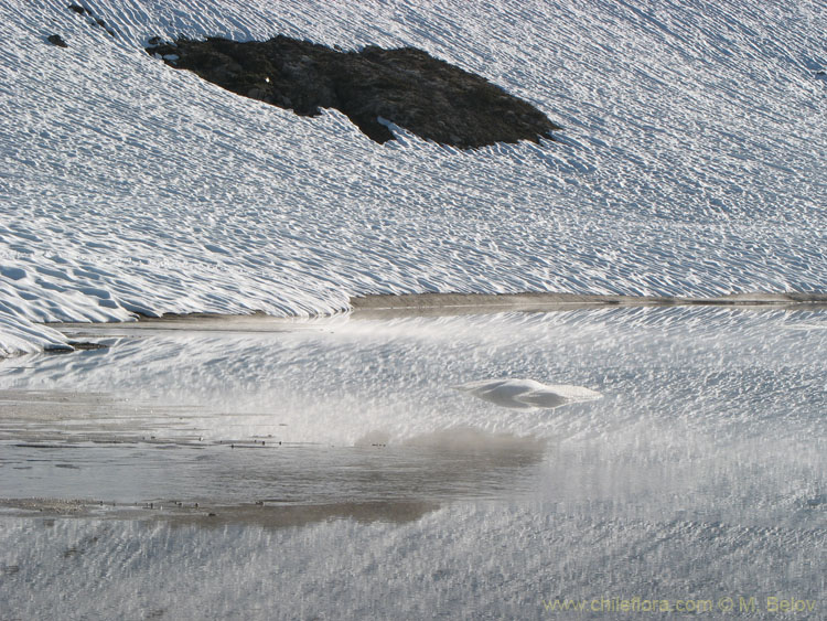 A view of snow and ice-covered Las Animas Lake on the Mondaca Trail from Radal Siete Tazas, Chile.