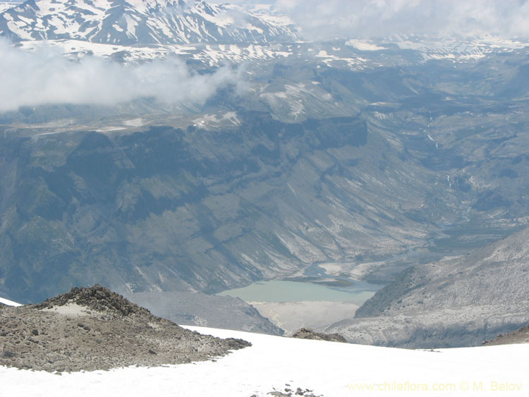 A view of Mondaca Lake from the Las Animas Pass, on the Trail from Radal Siete Tazas to Mondaca Lake, Chile.