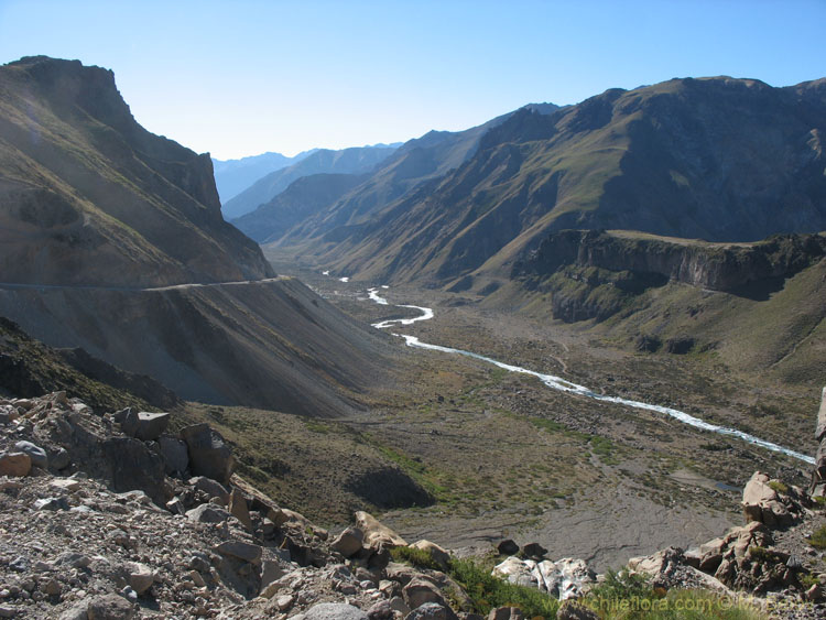 An image of Rio Maule Valley at sunset, with the international road (leading from Talca to Pehuenche Pass) to the left and the river in the center, Chile.