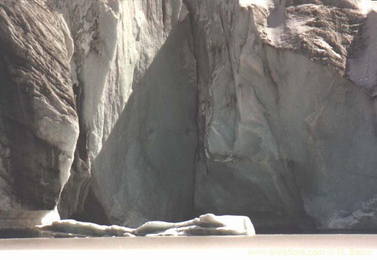 An image of an ice wall on a small glacier lake at El Morado National Park.