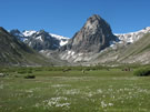 A view of a green field and steep mountain, Radal Siete Tasas National Park.